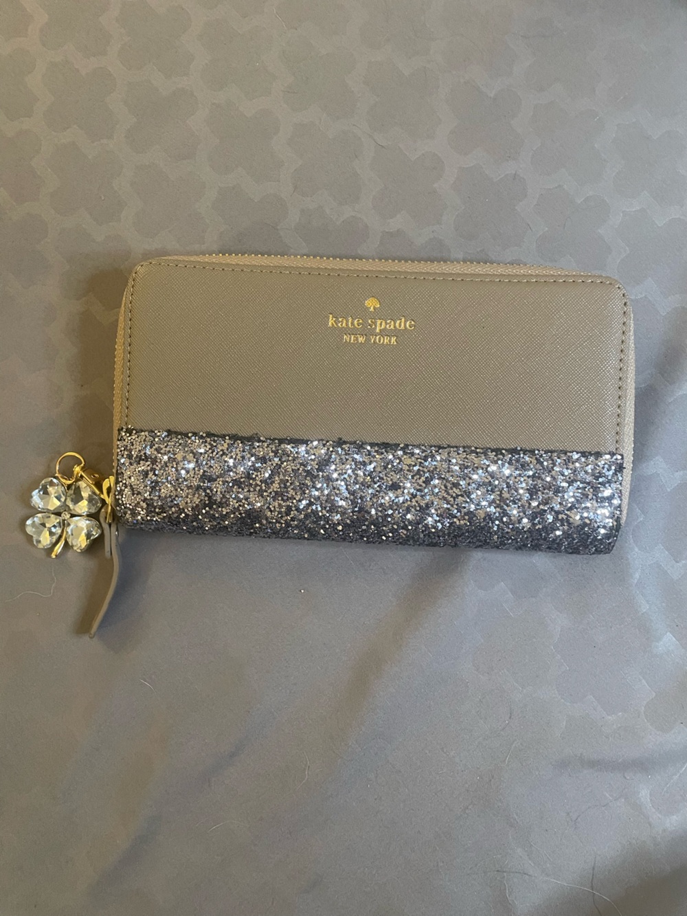 kate spade Taupe Wallet with Silver Glitter Trim and Crystal Charm